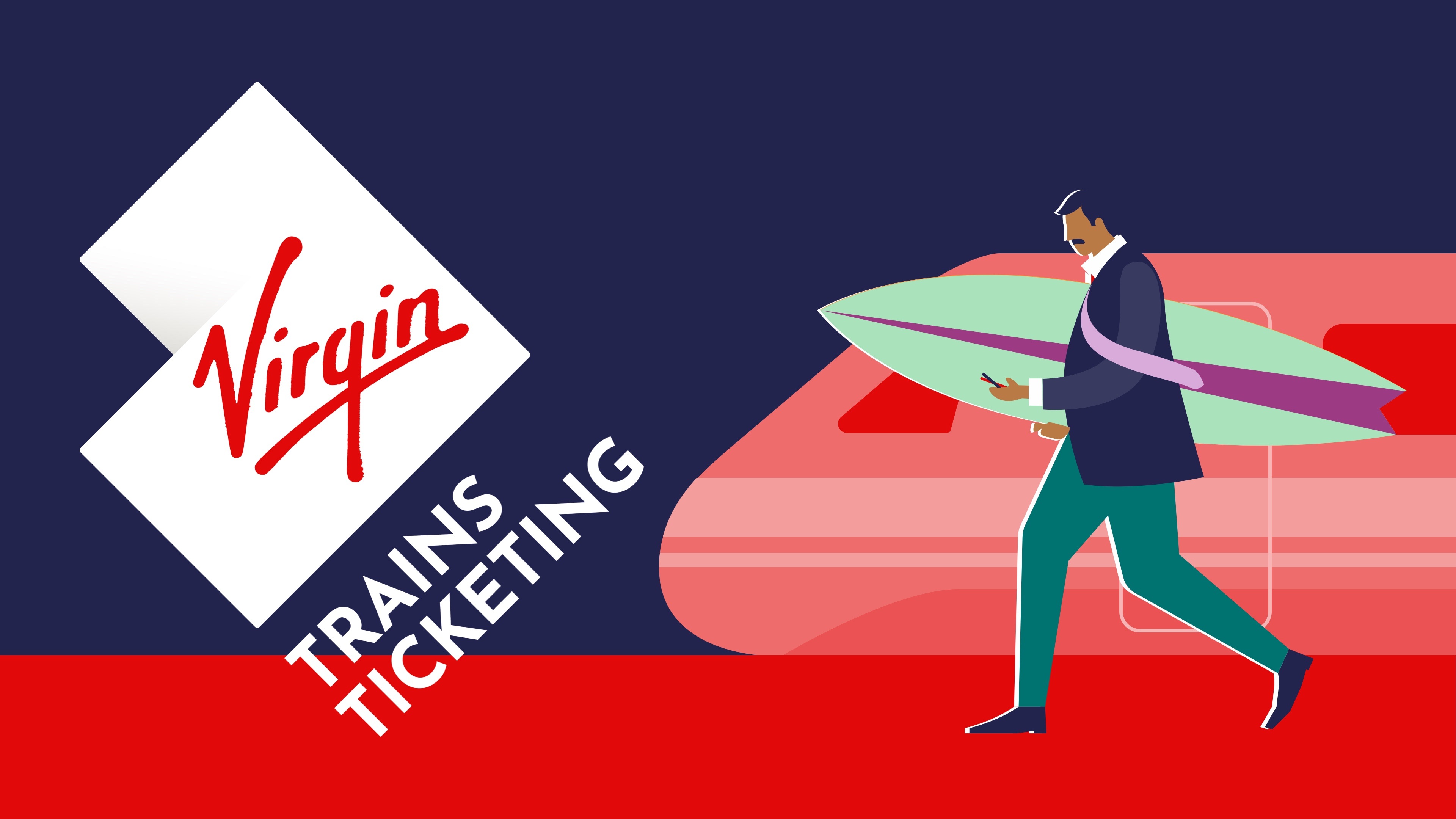 Listing image for the VTT case study showing the Virgin Trains Ticketing Logo and an illustration of a commuter with a surfboard