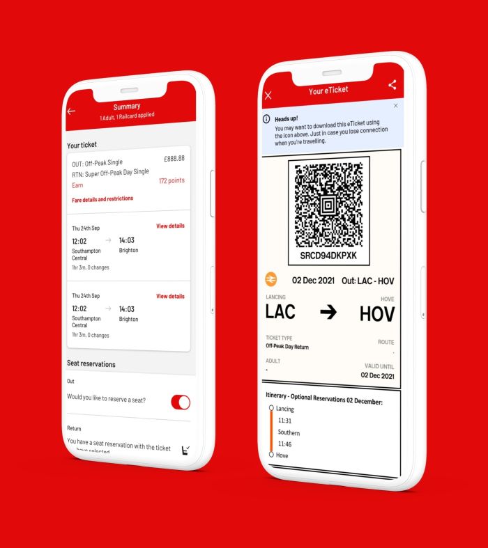 2 screenshots showing the booking summary and eticket view of the Virgin Red trains booking app