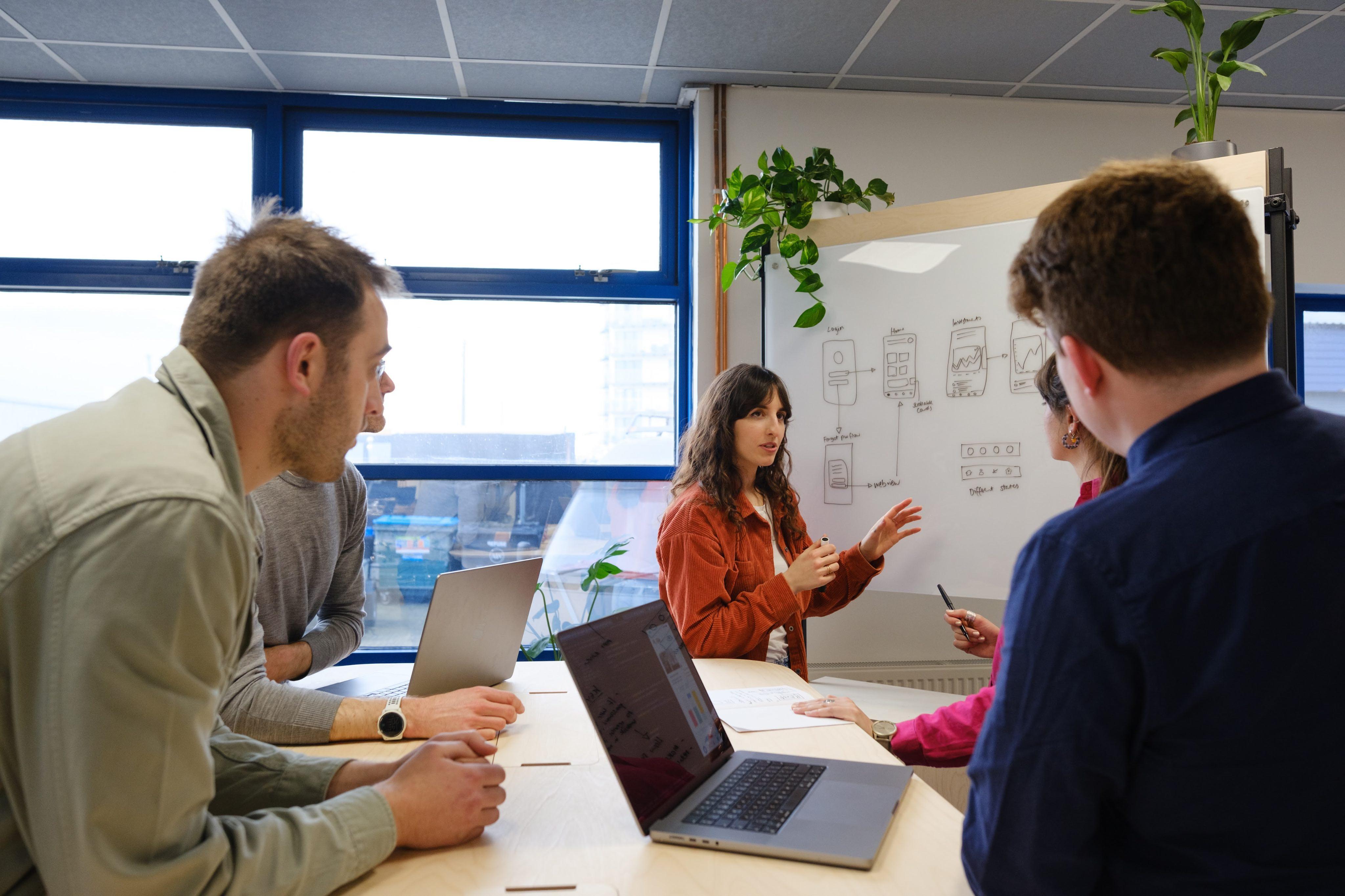 A team meeting at a white board