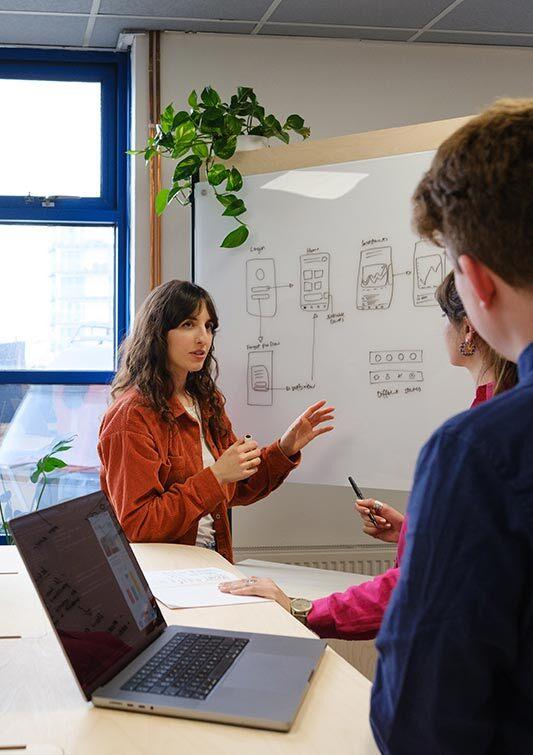 A team meeting at a whiteboard