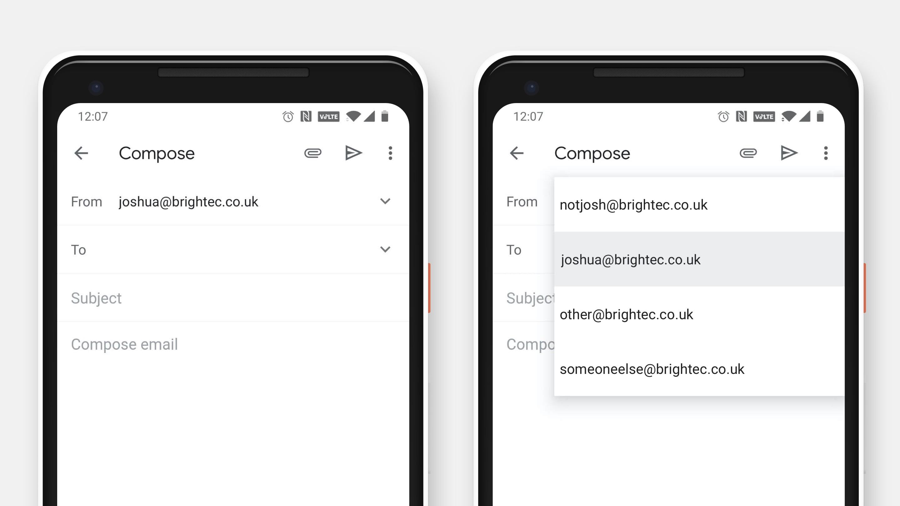 The GMail app showing a great example of an Android spinner when selecting the email address an email is sent from