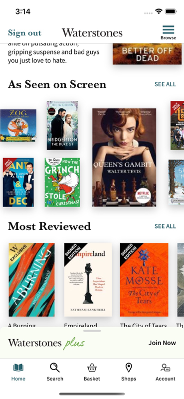 A screenshot of the Waterstones app recommended books