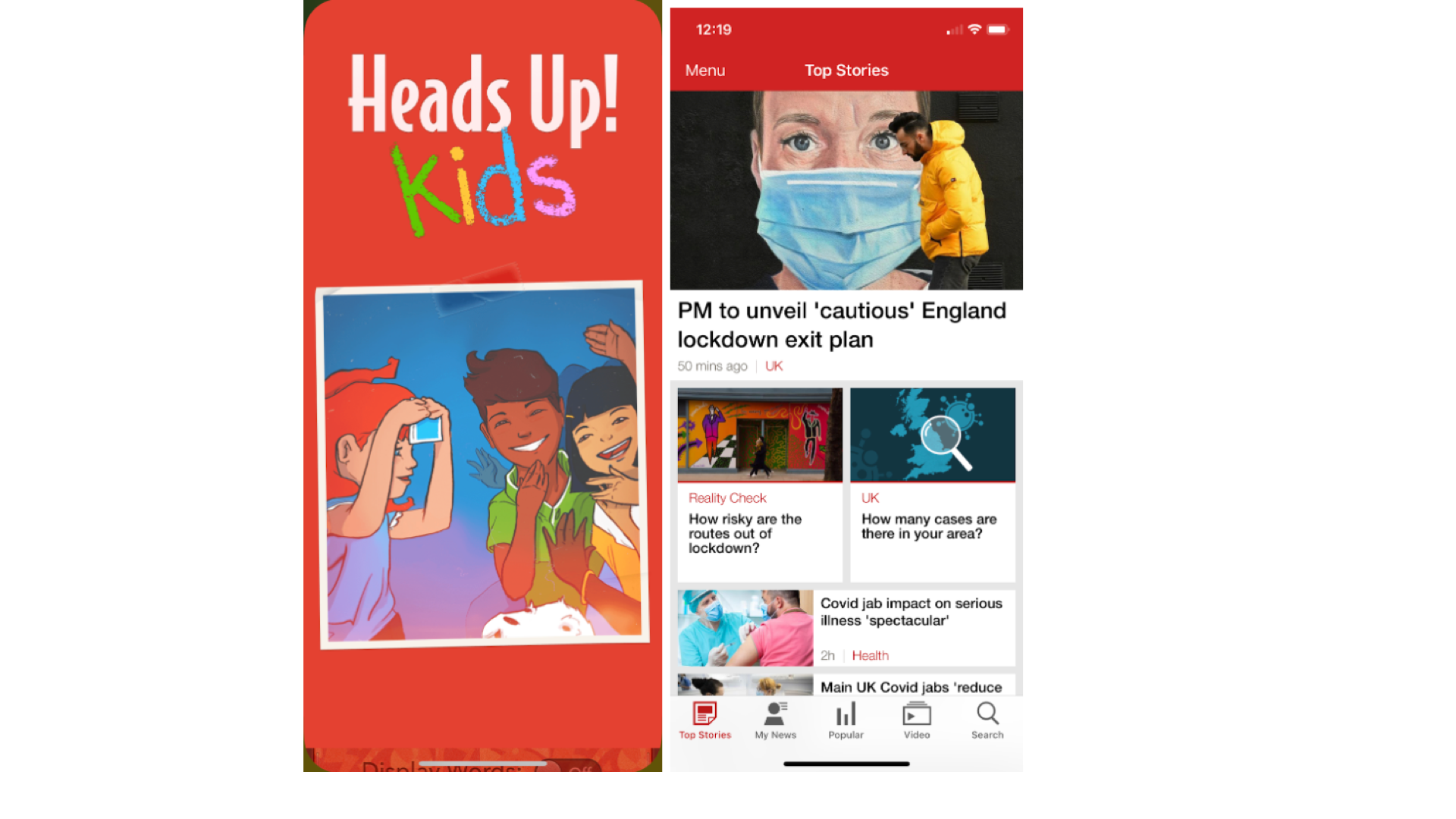 A comparison of uses of the colour read in a kids app and the BBC app