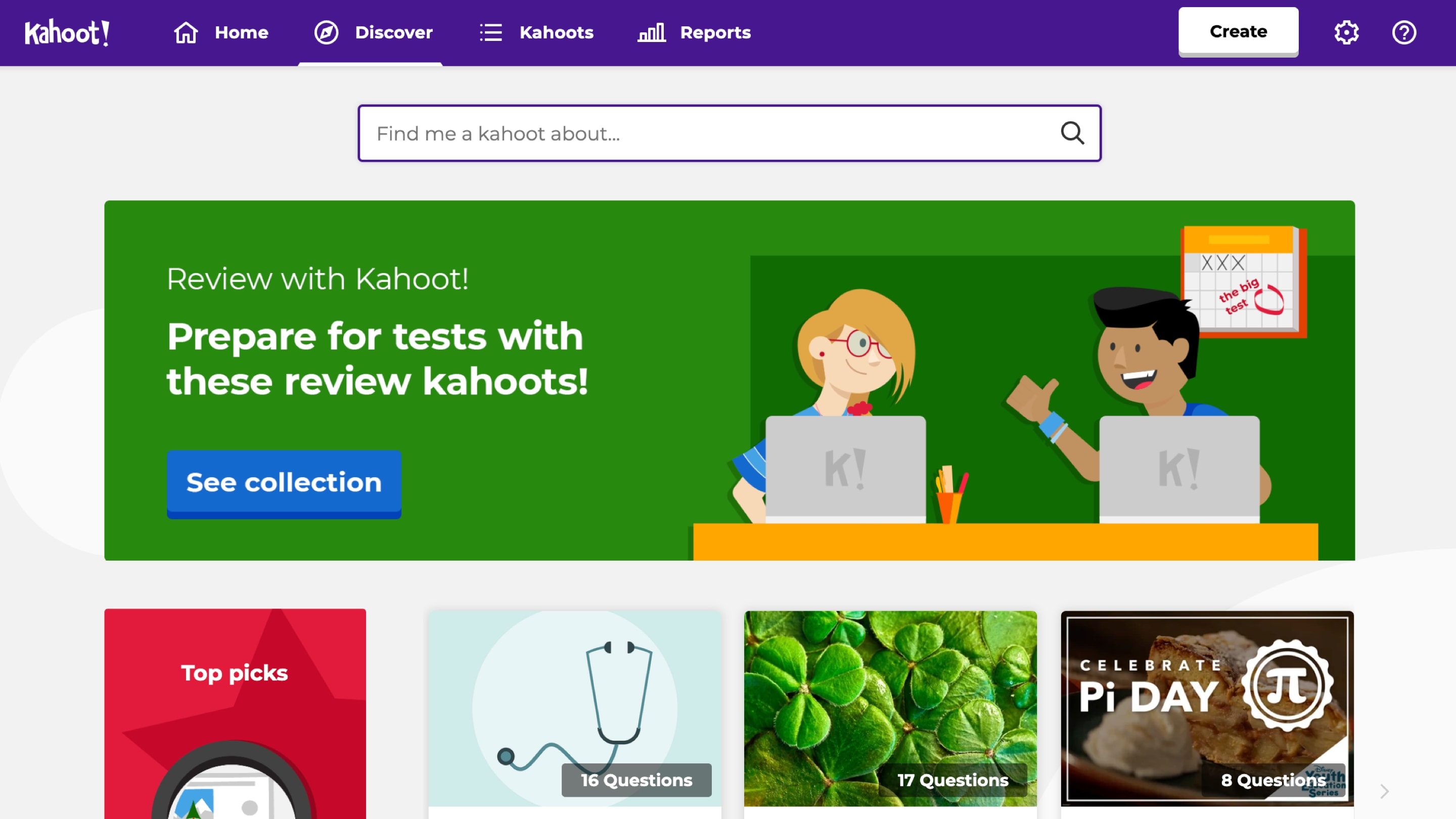 Screenshot of Kahoot discover page