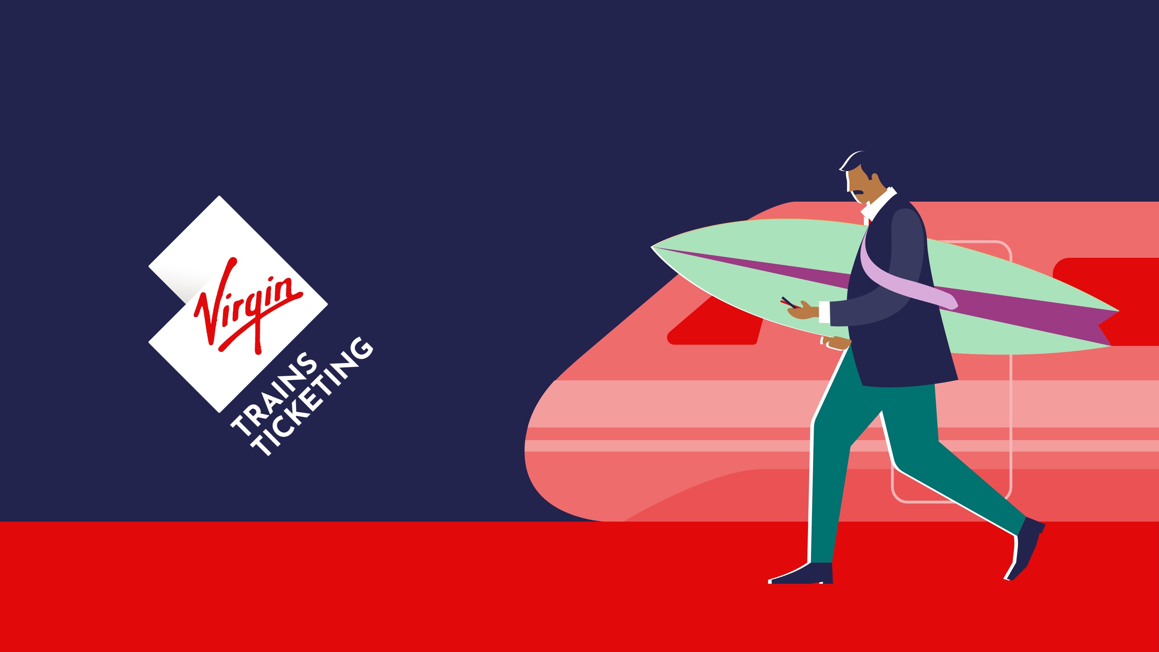 Header image for the VTT case study showing the Virgin Trains Ticketing Logo and an illustration of a commuter with a surfboard