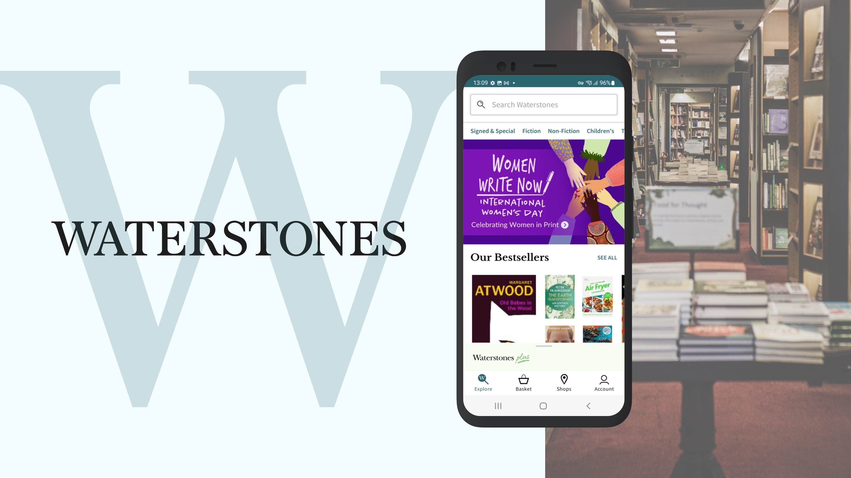 Waterstones Logo and bookstore in the background and a mockup of the app on a mobile phone in the forefront