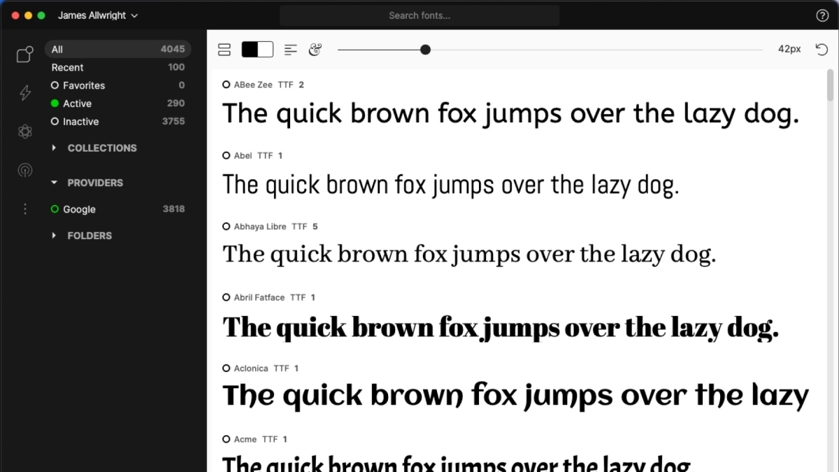 A screenshot of using FontBase