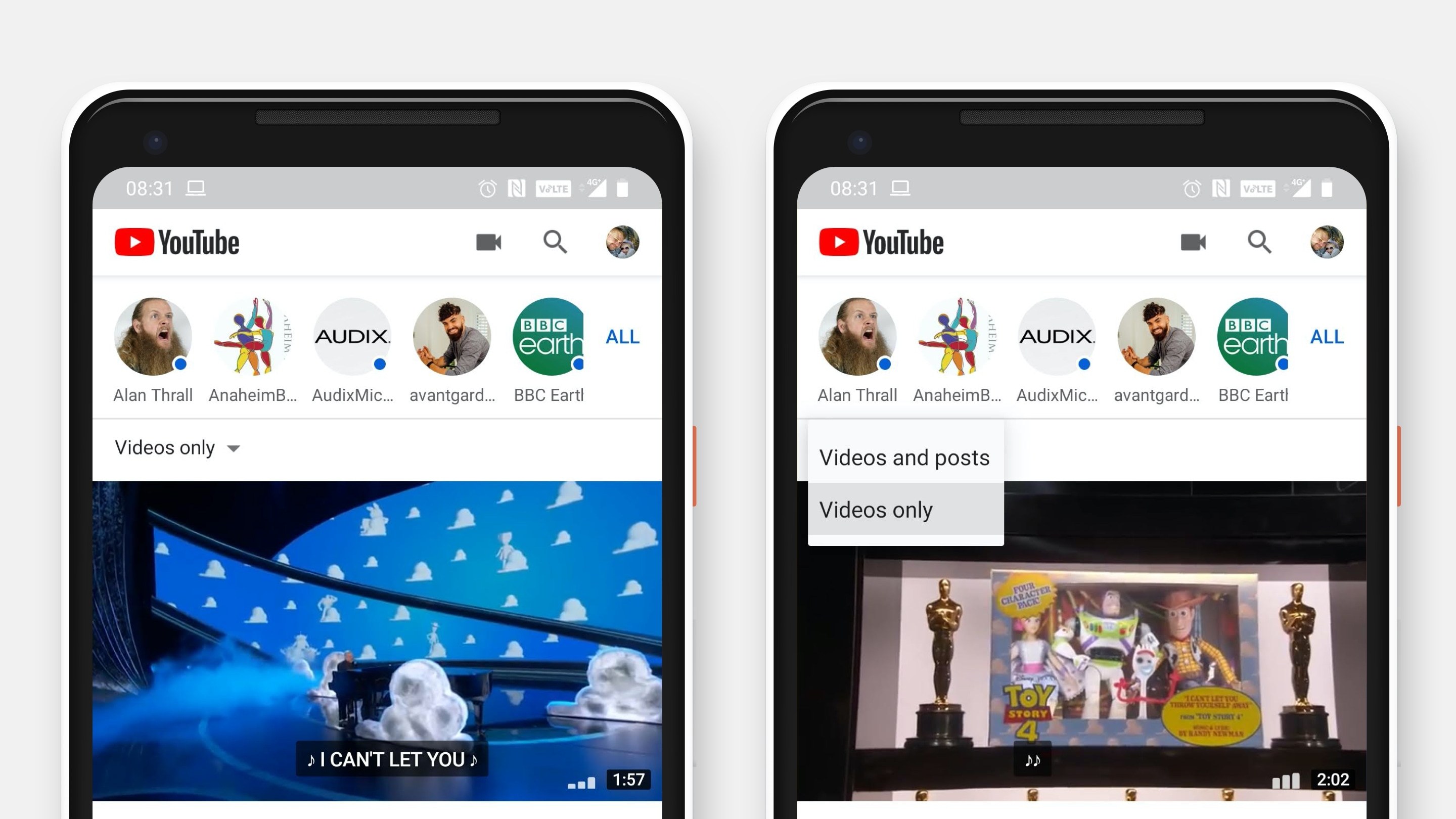 YouTube has an example of and android spinner on it's subscriptions tab.